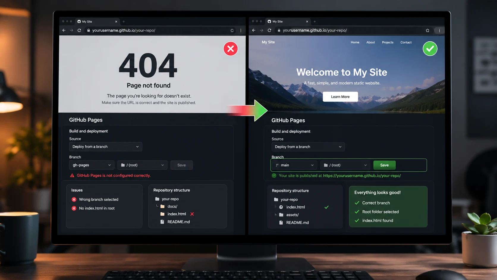 GitHub Pages 404 hatasının doğru dal ve index dosyasıyla çözümü