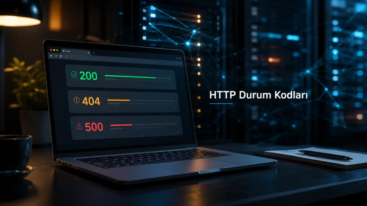 HTTP Durum Kodları, dizüstü ekranda 200, 404 ve 500 yanıtlarını gösteriyor.