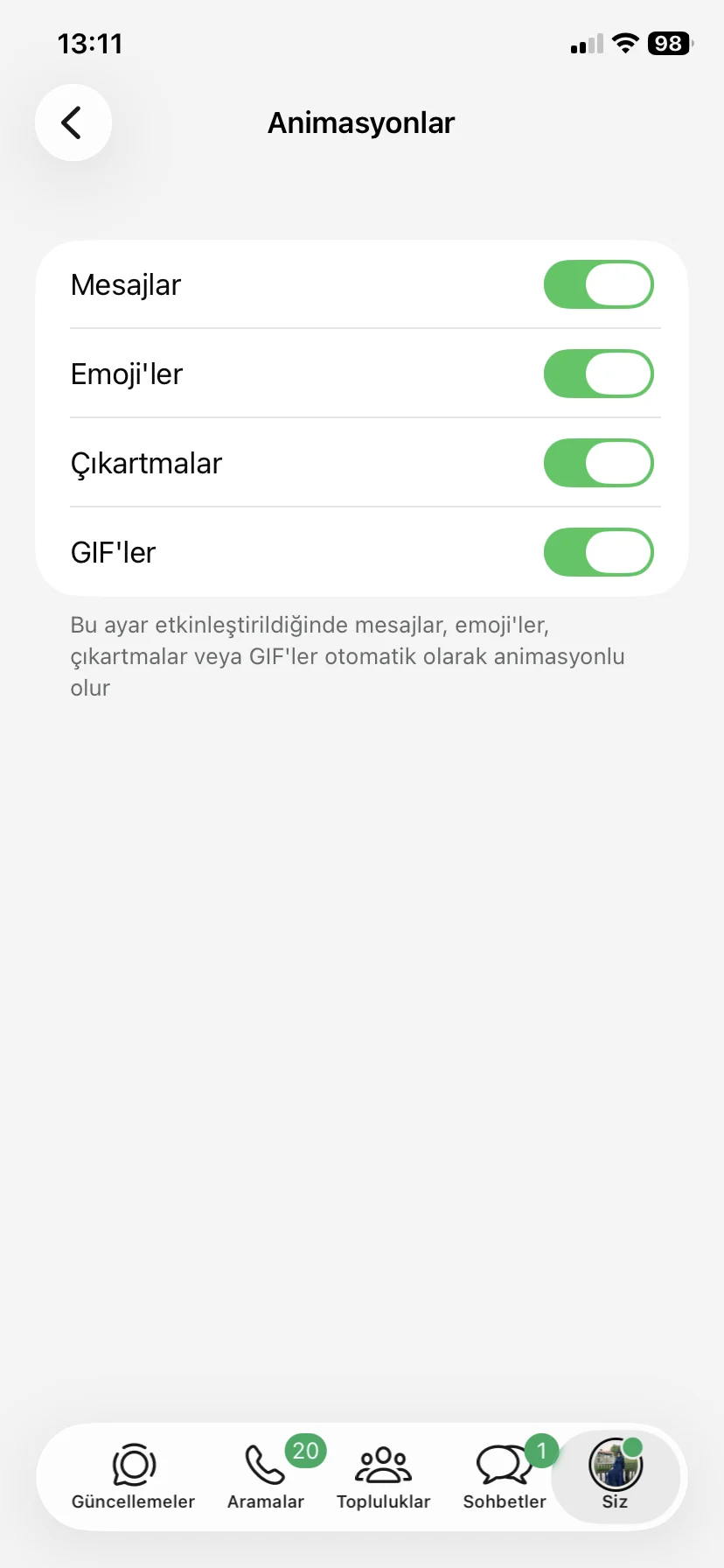 WhatsApp sohbet animasyonu kapatma