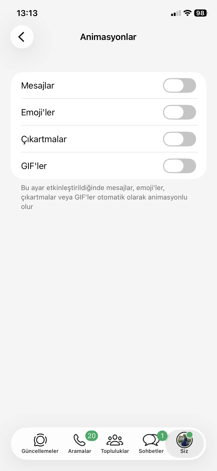 WhatsApp sohbet animasyonu kapatma