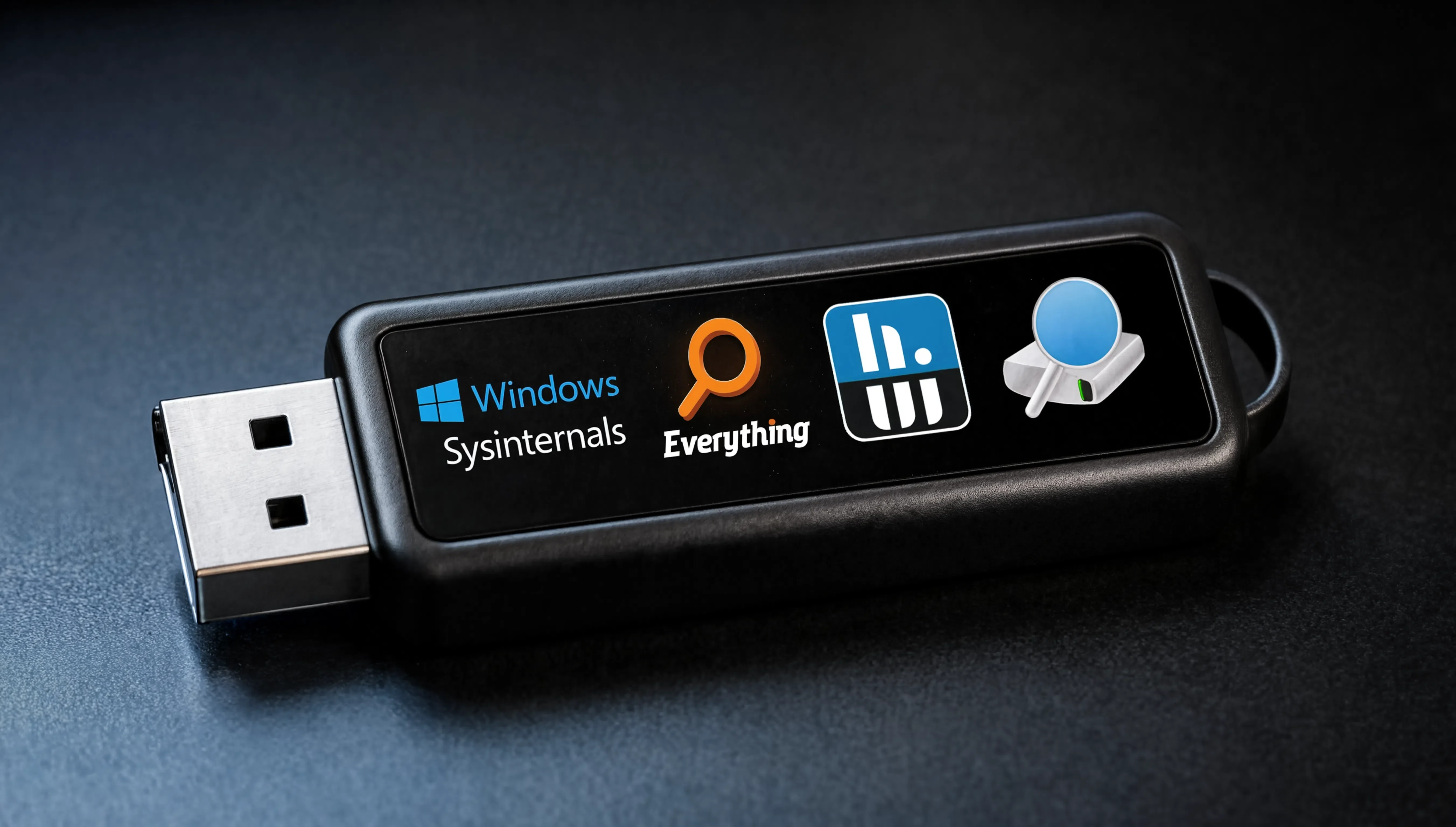 USB flash bellek üzerinde Sysinternals, Everything, HWiNFO ve CrystalDiskInfo logolarının bir arada gösterildiği konsept görsel