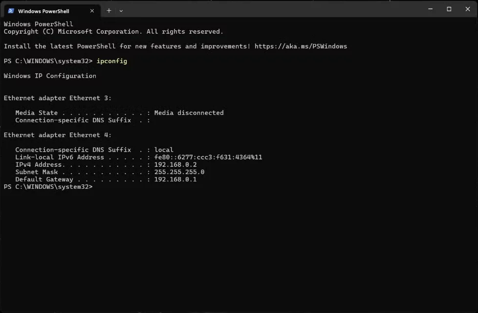 Windows 11 ağ sorunu giderme adımlarından PowerShell Ipconfig Komutu