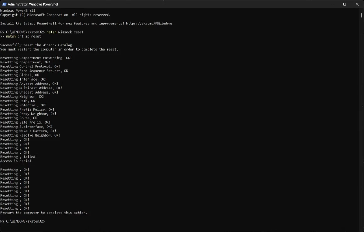 Windows 11 ağ sorunu giderme adımlarından PowerShell Netsh Komutu