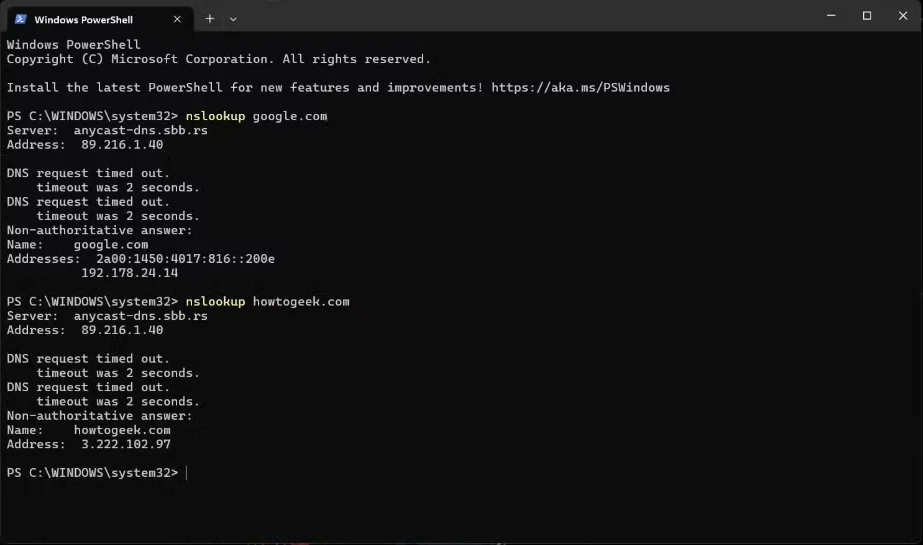 Windows 11 ağ sorunu giderme adımlarından PowerShell Nslookup Komutu