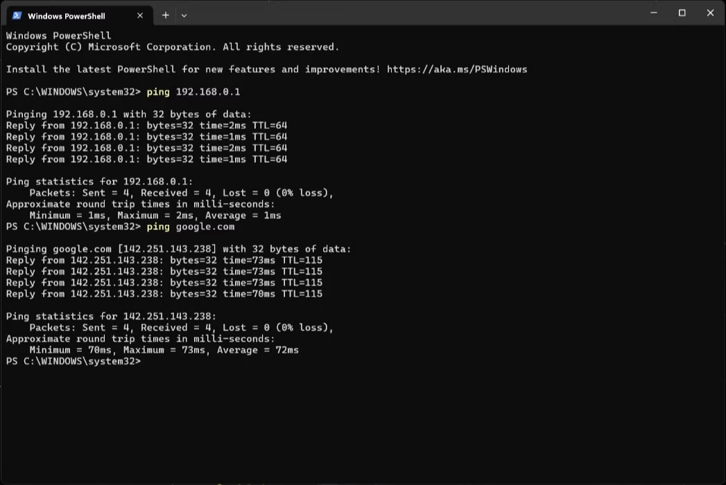 Windows 11 ağ sorunu giderme adımlarından PowerShell Ping Komutu