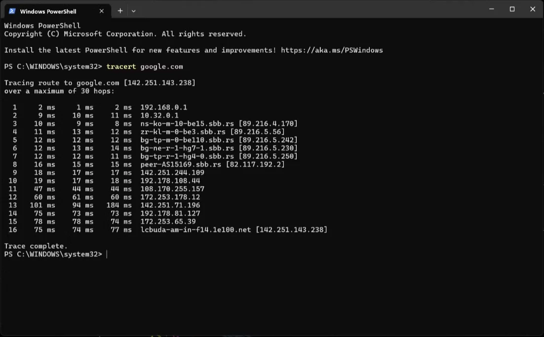 Windows 11 ağ sorunu giderme adımlarından PowerShell Tracert Komutu
