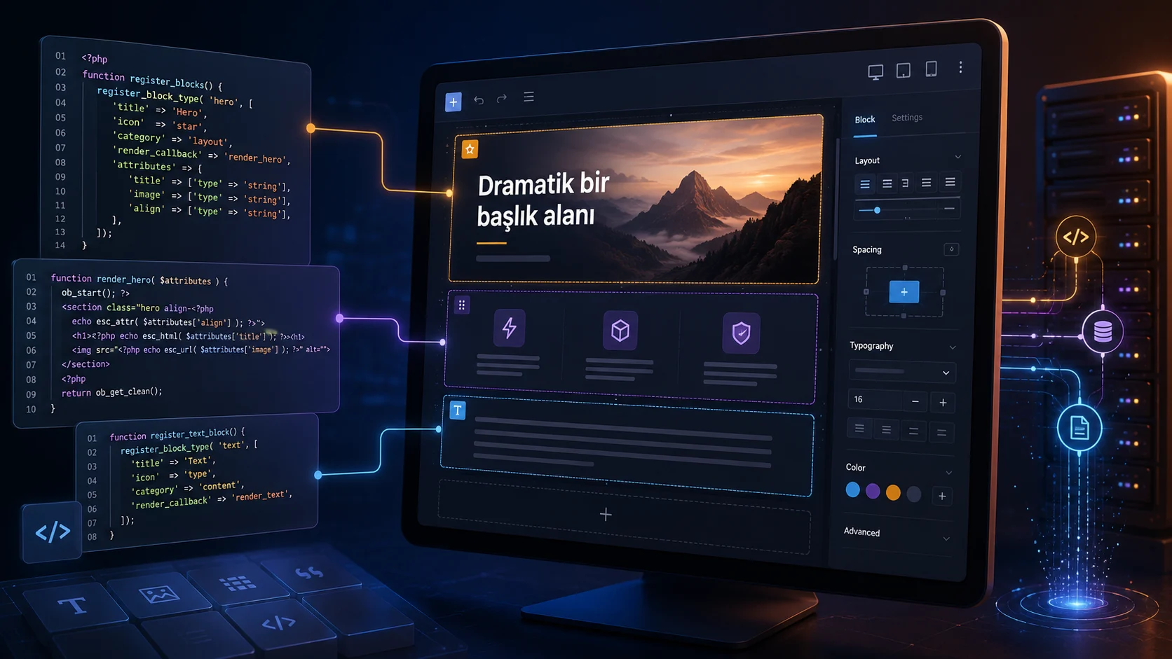 PHP ile Gutenberg Blokları kod panellerinden görsel düzenleyiciye bağlanan modern geliştirme ekran