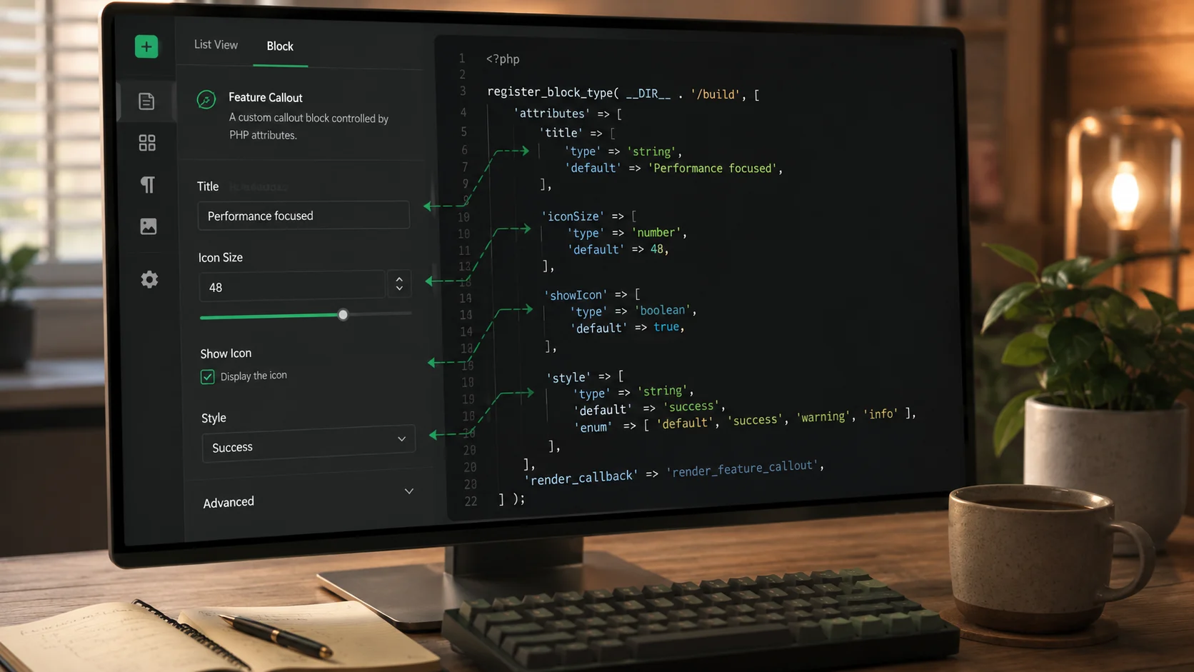 PHP ile Gutenberg Blokları ayar alanlarıyla çalışan sıcak tonlu geliştirici masası