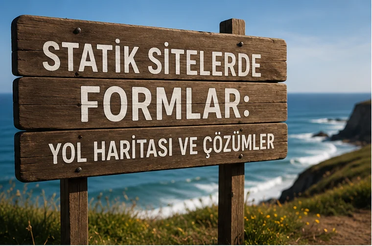 Statik Siteler için iletişim formu uygulamasını simgeleyen sahil manzaralı ahşap tabela tasarımı