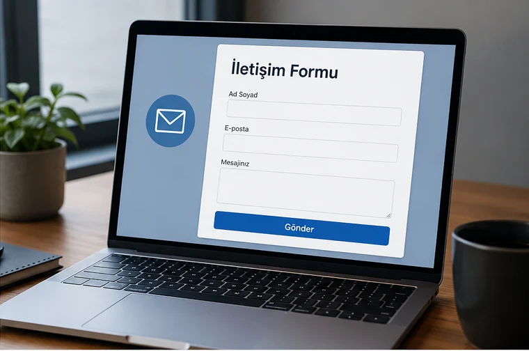 Statik Siteler için hazırlanan iletişim formunun dizüstü bilgisayarda görüntülenmesini gösteren gerçekçi çalışma ortamı ve form tasarımı örneği.