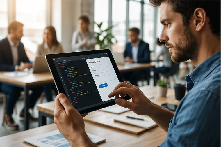 Statik Siteler geliştirme sürecinde HTML form yapısını düzenleyen yazılımcıyı gösteren gerçekçi ofis ortamı ve kod düzenleme ekranı.