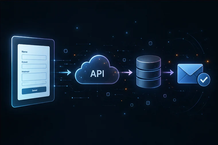Statik Siteler üzerinde gönderilen form verilerinin API ve harici servislerle güvenli şekilde işlendiğini anlatan modern veri akışı görseli.