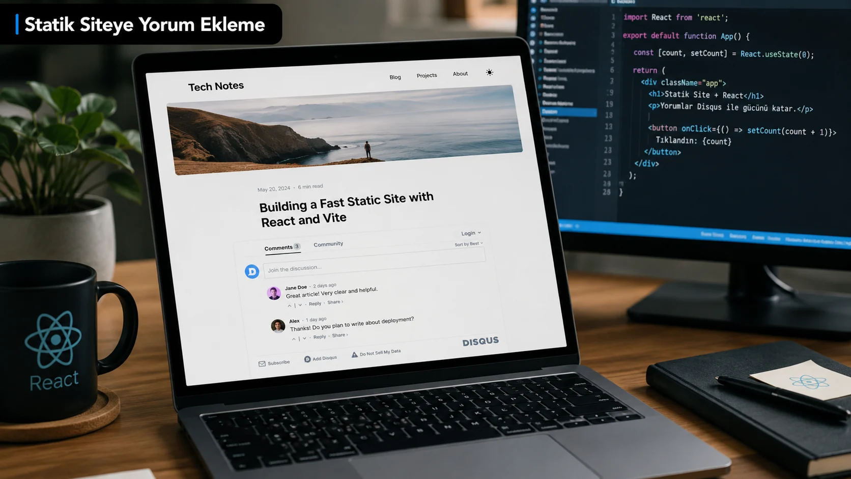 Statik Sitenize Yorum Bölümü Ekleme işlemini gösteren modern geliştirici çalışma alanı