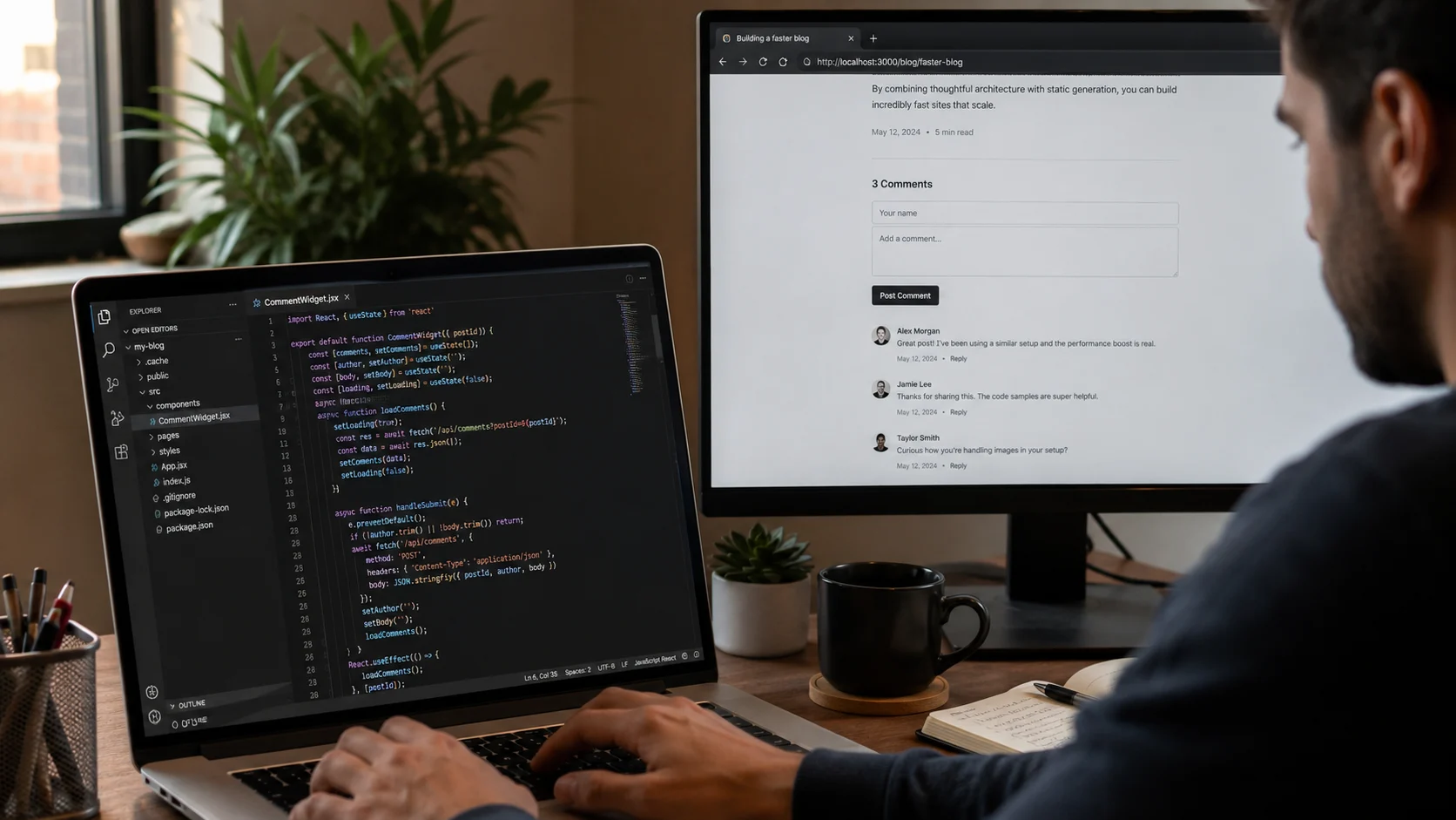 Statik Sitenize Yorum Bölümü Ekleme işlemi React tabanlı projede nasıl uygulanır? Kod editörü ile çalışan yorum alanı aynı ekranda gerçekçi biçimde gösteriliyor.