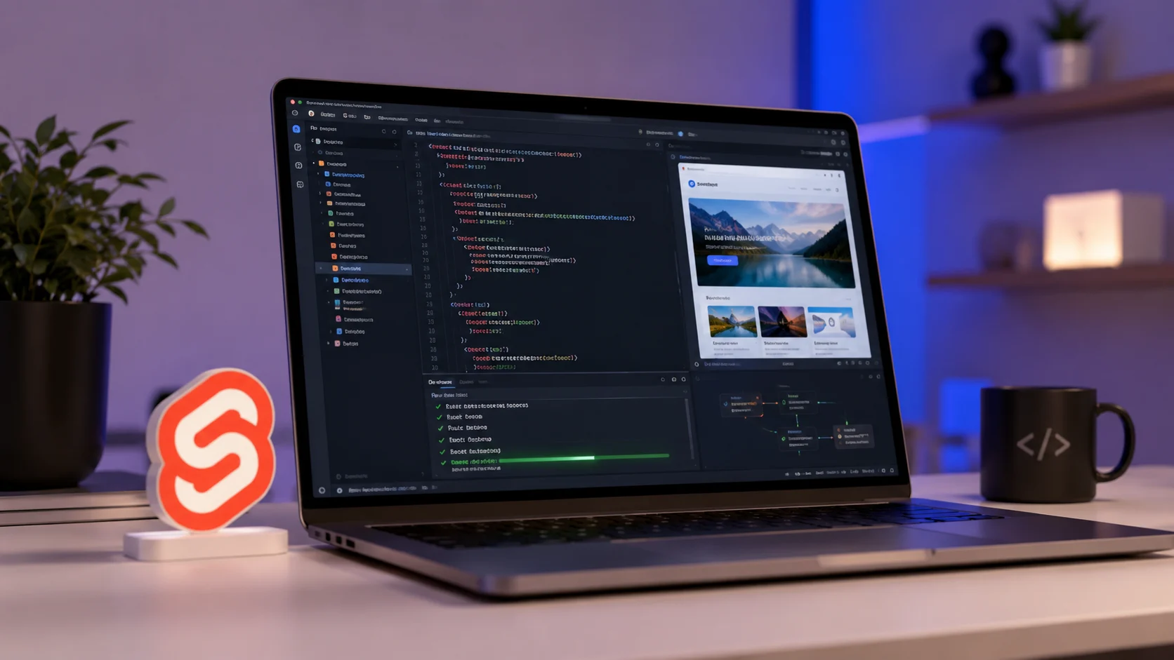 SvelteKit ile Statik Bir Site Oluşturma için kod ekranlı modern çalışma masası