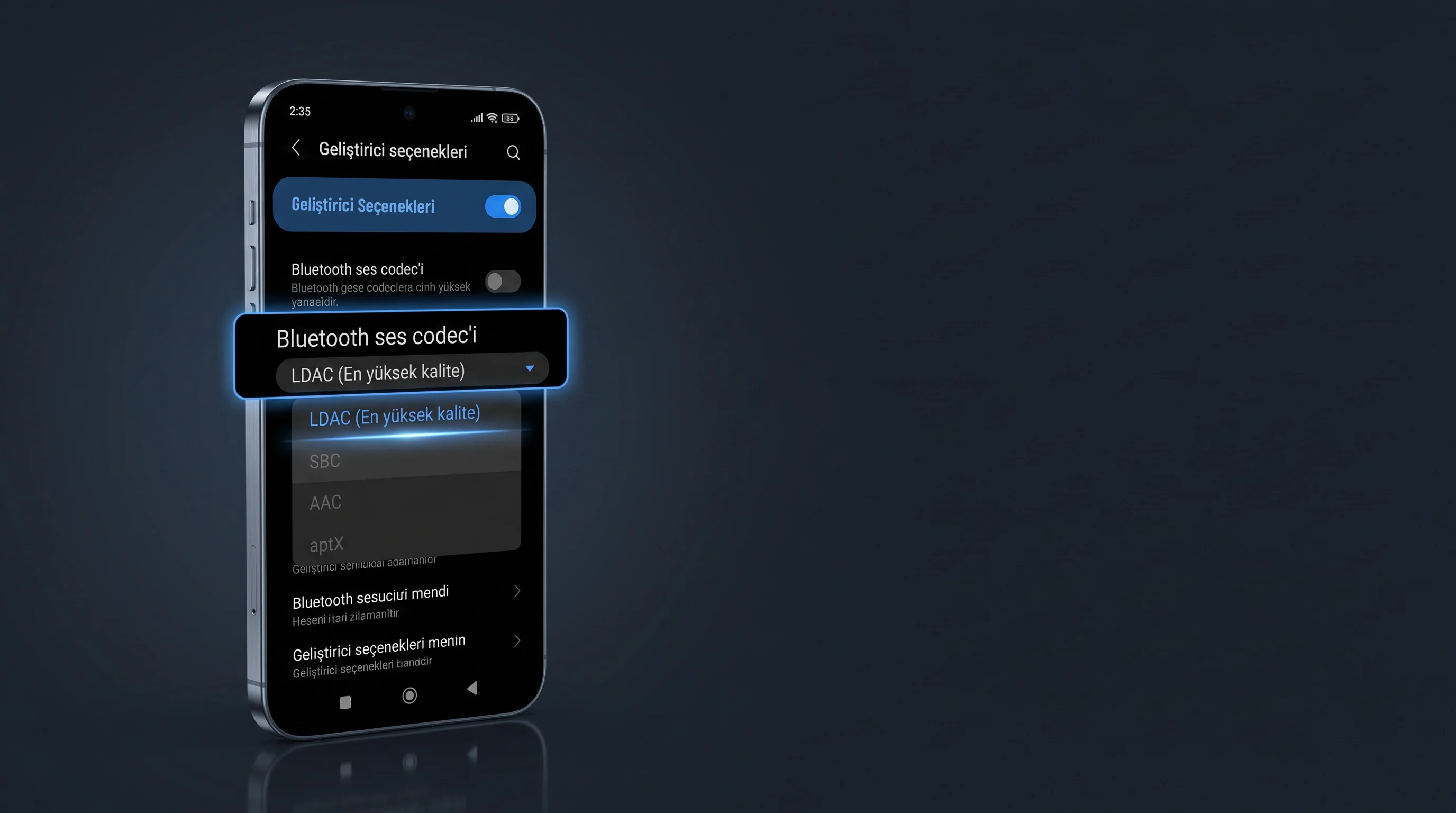 Android akıllı telefonda geliştirici seçenekleri üzerinden Bluetooth Ses Kalitesini Artırma ayarlarının yapıldığı ekran görünümü.