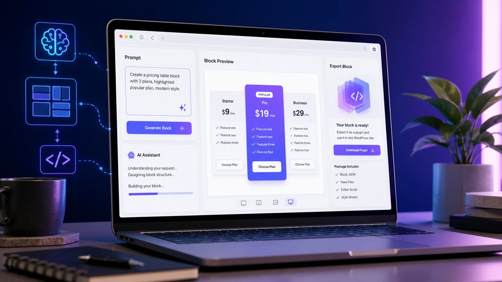 Telex ile WordPress Blok Oluşturma ekranında yapay zekâ destekli fiyatlandırma bloğu