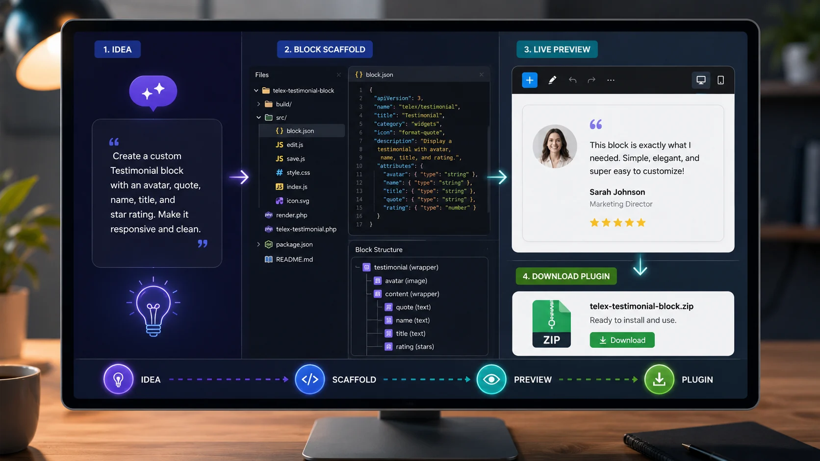 Telex ile WordPress Blok Oluşturma nasıl ilerler? Görsel, fikir aşamasından kod yapısına, canlı ön izlemeye ve ZIP eklenti çıktısına uzanan süreci gösteriyor.