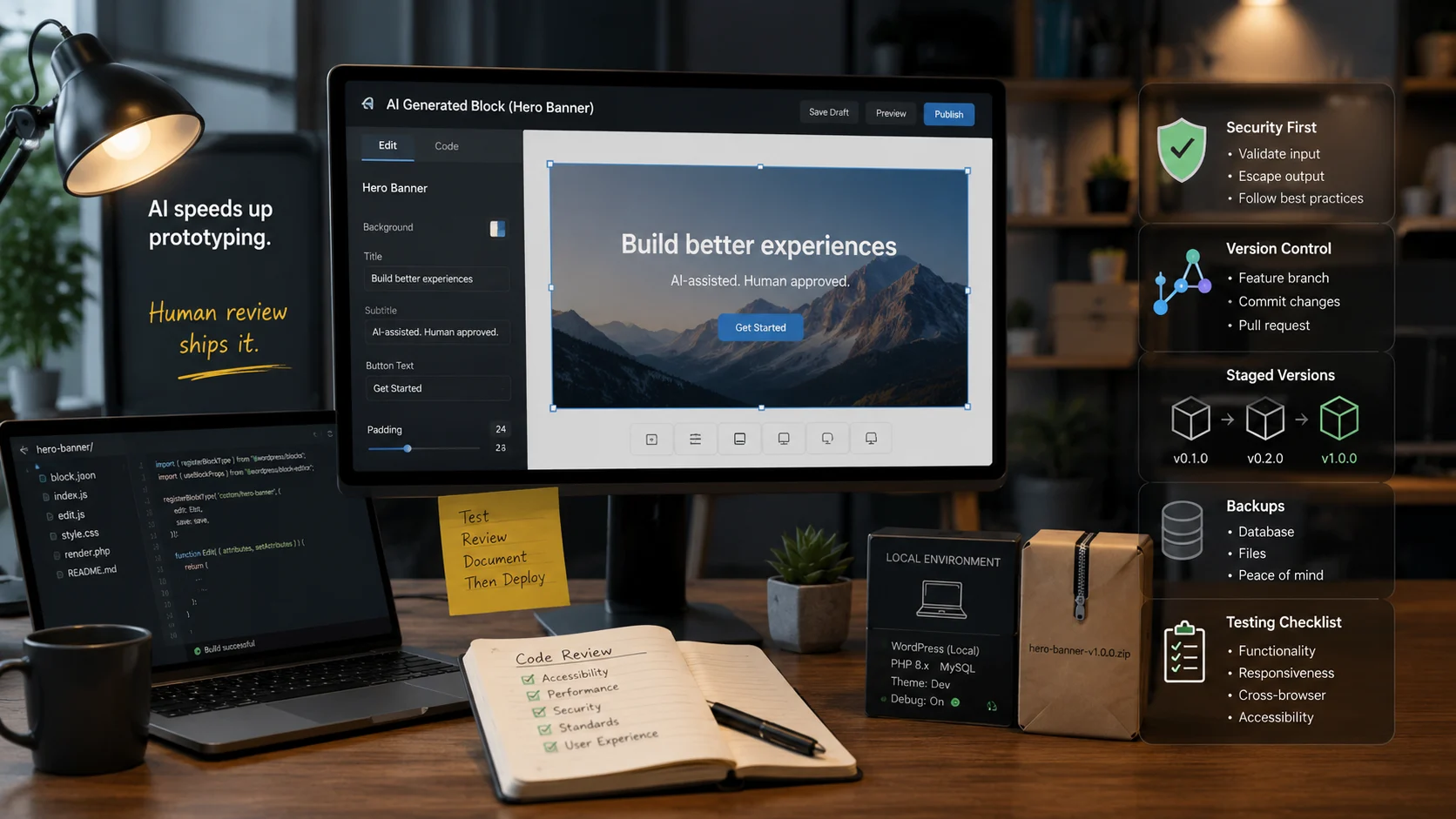 Telex ile WordPress Blok Oluşturma sonrası kod inceleme, güvenlik, yedekleme ve sürüm kontrolü adımlarıyla canlı kullanım öncesi ayrıntılı test süreci gösteriliyor.
