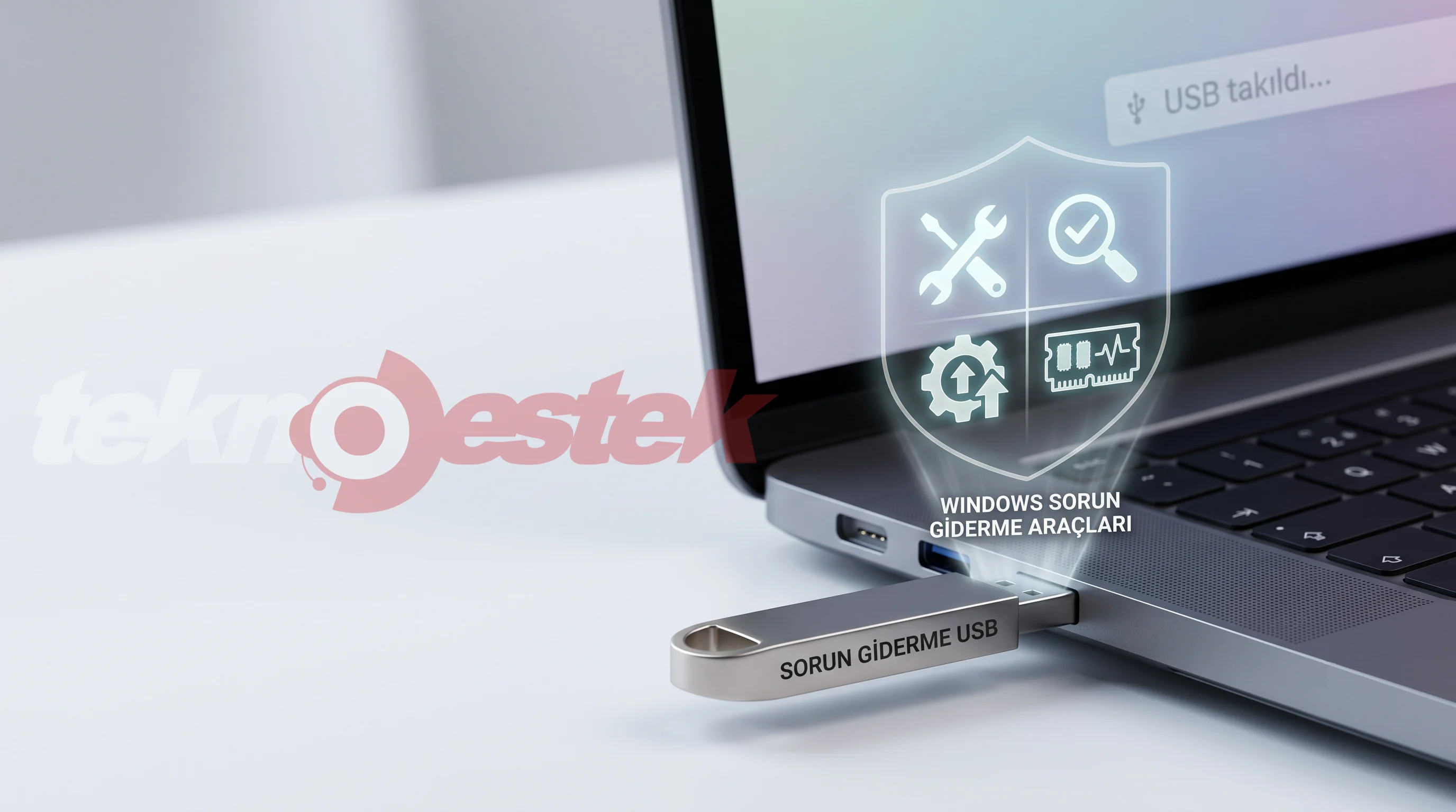 Windows sorun giderme aracı seti taşıyan bir USB belleğin bilgisayara takılı olduğu görsel.