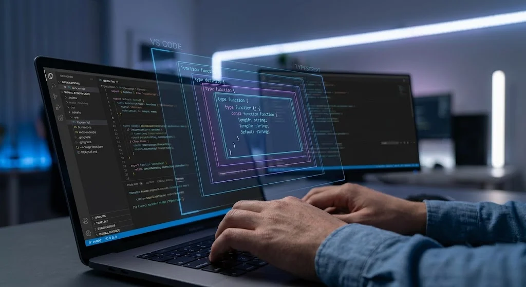 Visual Studio Code üzerinde TypeScript arayüzleri nasıl düzenlenir? Holografik kod panelleri, klavye ve masaüstü geliştirme ortamını ayrıntılı biçimde gösteriyor.
