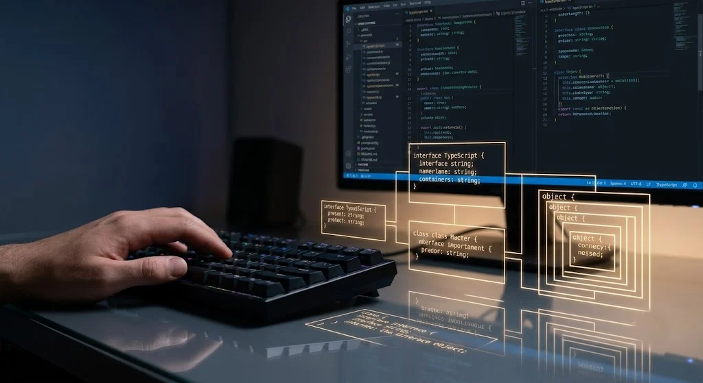 Visual Studio Code TypeScript hatalarını nasıl gösterir? Tür uyuşmazlığı ve sözdizimi uyarıları, klavye başındaki geliştiriciyle birlikte ekranda izleniyor.