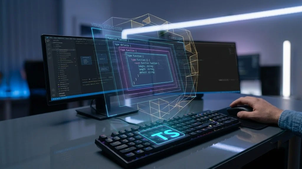 Visual Studio Code ekranında TypeScript kodlayan geliştirici ve katmanlı veri görselleştirmesi