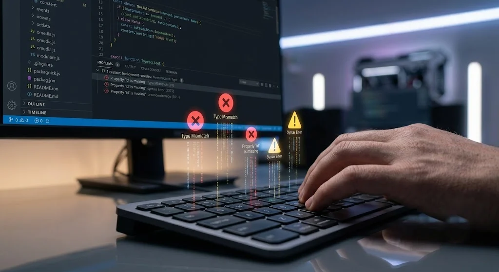 Visual Studio Code ile TypeScript projesi çift monitörde nasıl yönetilir? Kod katmanları, mekanik klavye ve TS simgesi modern çalışma alanında birlikte yer alıyor.