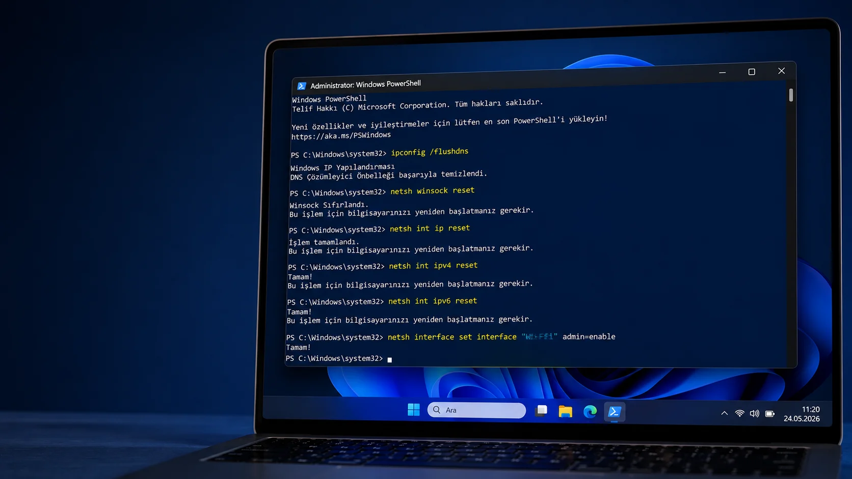 Windows 11 ağ sorunu giderme adımlarının uygulandığı açık bir PowerShell ekranı görünümü.