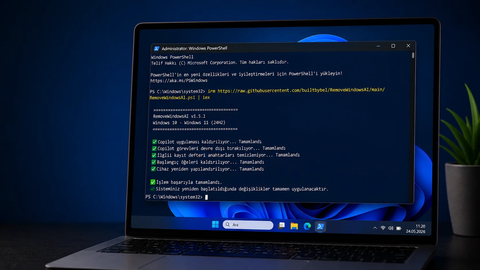 Windows 11 Copilot kapatma işlemi için PowerShell komutlarının girildiği bir bilgisayar ekranı görünümü.