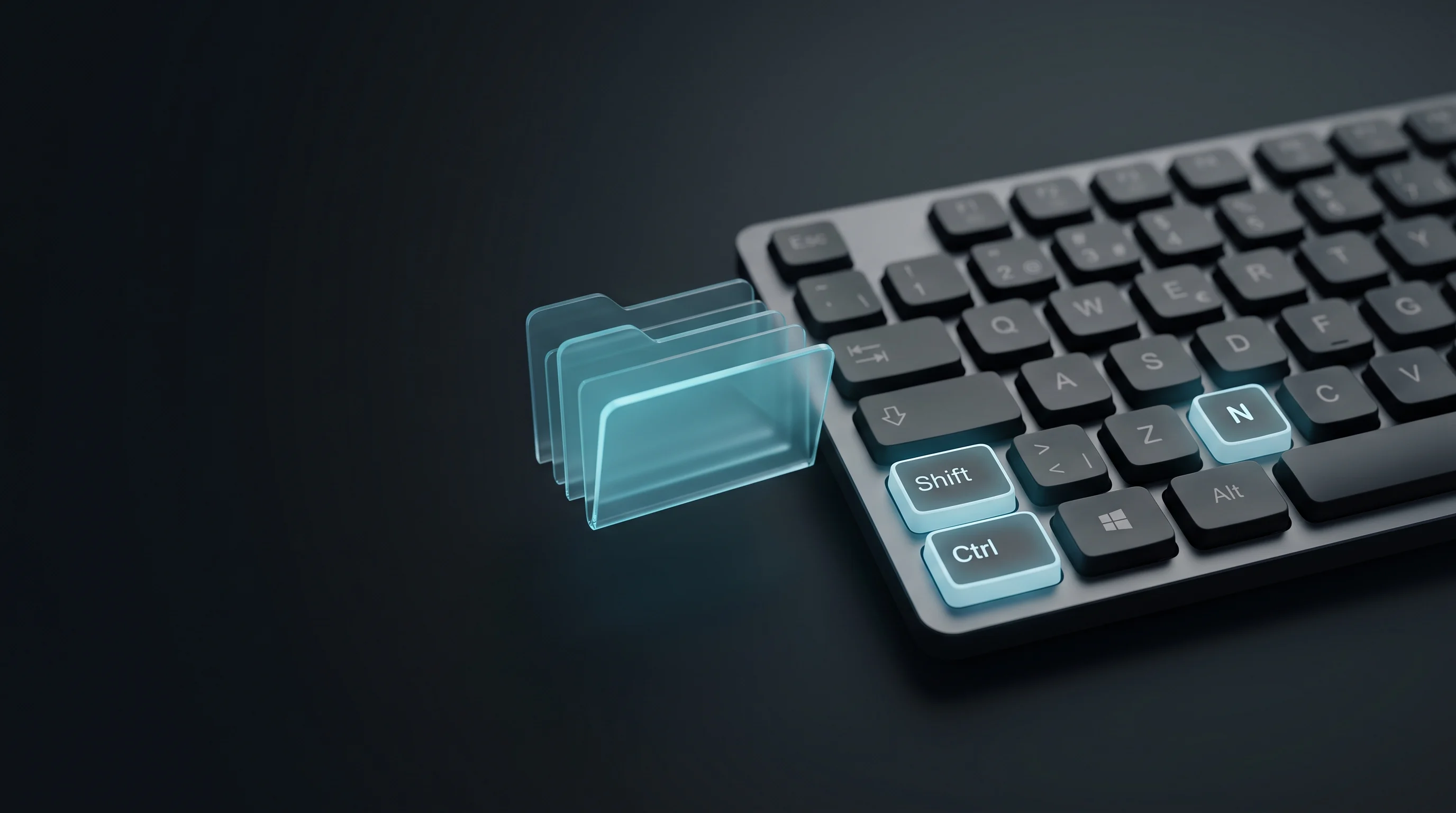 Dosya Gezgini klavye kısayolları kullanımı için Ctrl, Shift ve N tuşlarının vurgulandığı bilgisayar klavyesi.