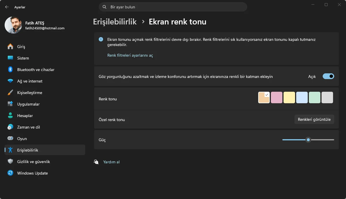 Windows 11 Göz yorgunluğunu azaltmak ve izleme konforunu artırmak için ekranınıza renkli bir katman ekleyin