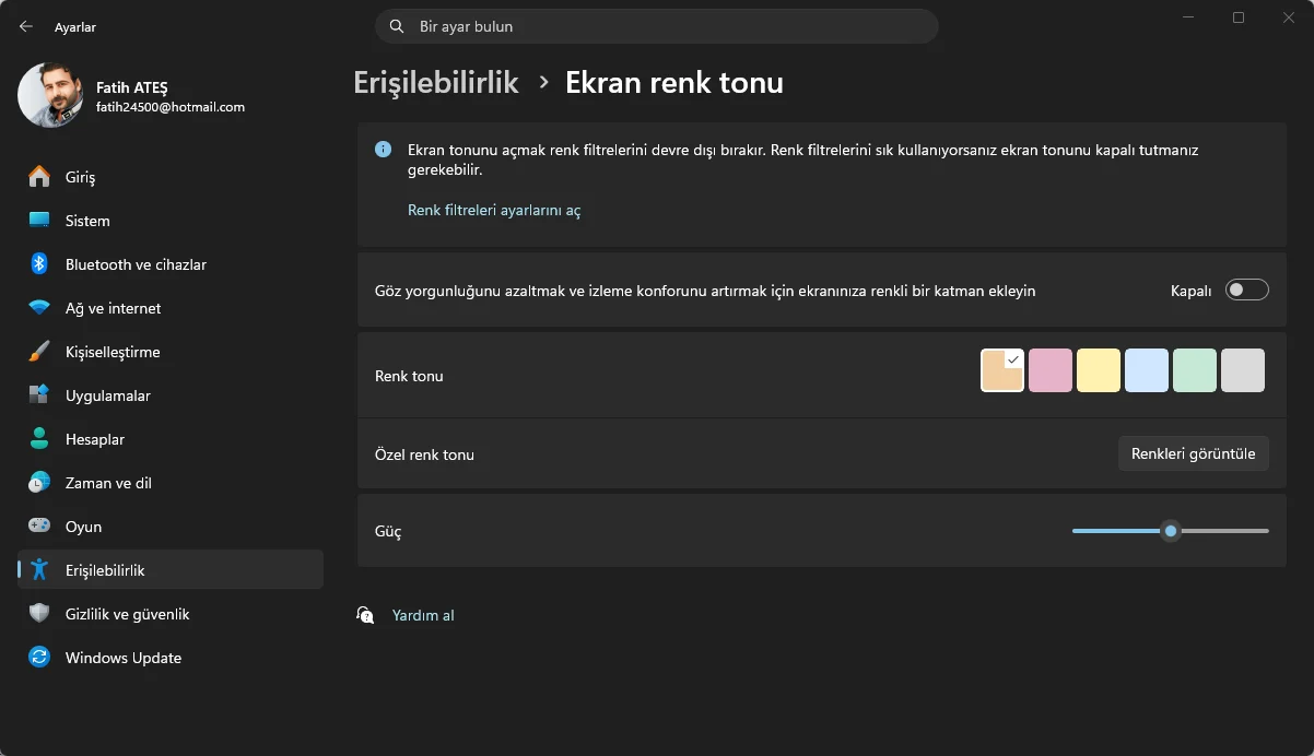 Windows 11 Ekran Renk Tonu özelliğini aktif etmek bölümü