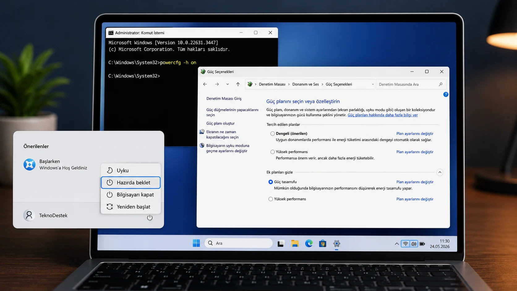 Windows 11 hazırda bekletme modunu açmak için CMD ve güç seçenekleri ekranının görünümü.