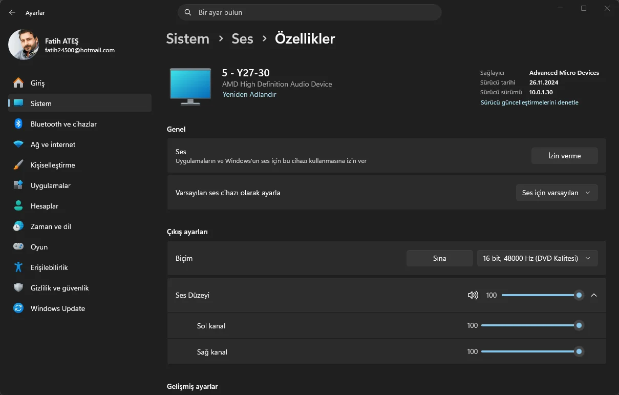 Windows 11 ses dengesi ayarlamak için sağ ve sol ses seviyesi ekranı