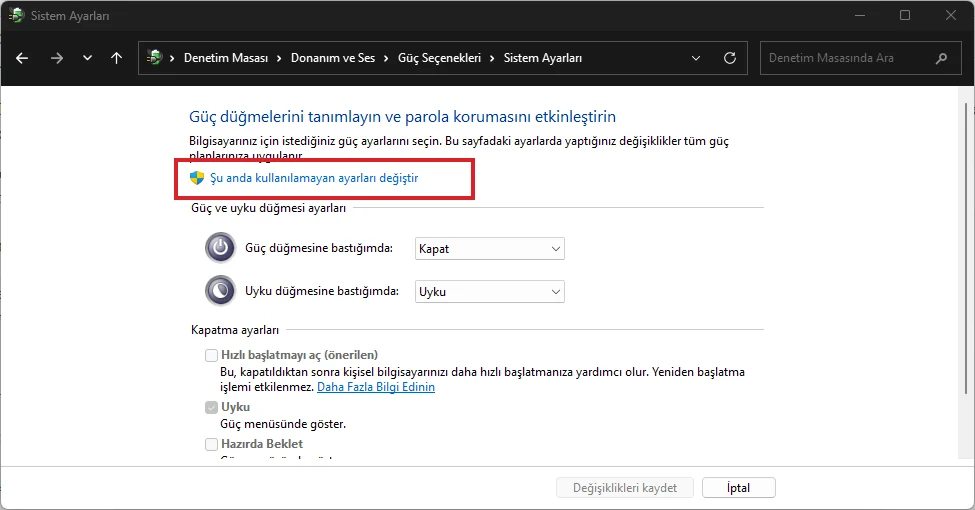 Windows 11 Hazırda Bekletme Denetim Masası Ayarları