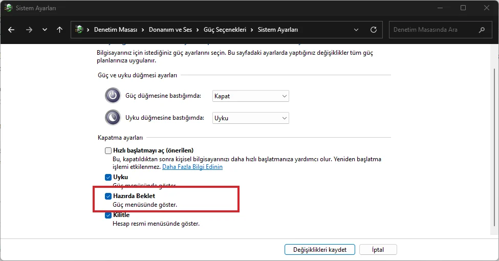 Windows 11 Hazırda Bekletme Denetim Masası Ayarları