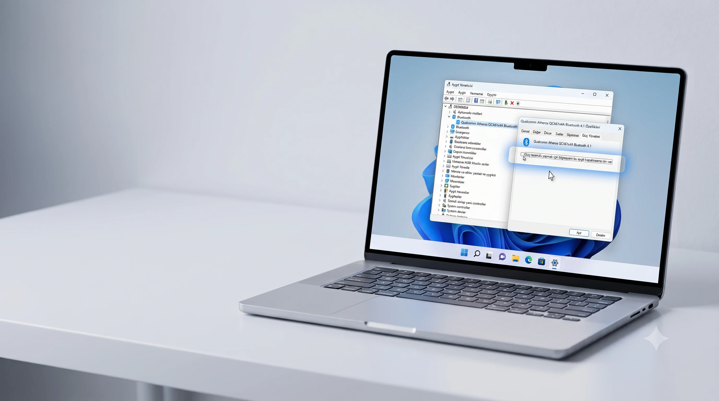 Bluetooth fare bağlantı sorunu çözümü için Windows Aygıt Yöneticisi üzerinde güç yönetimi ayarlarının yapıldığı bilgisayar ekranı.