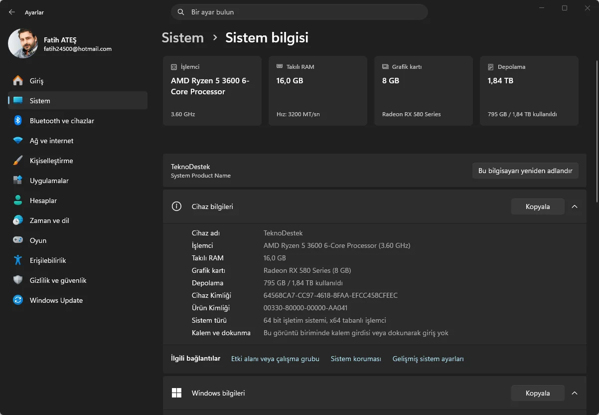Windows Sistem Sistem Bilgisini ekranını gösteren görsel