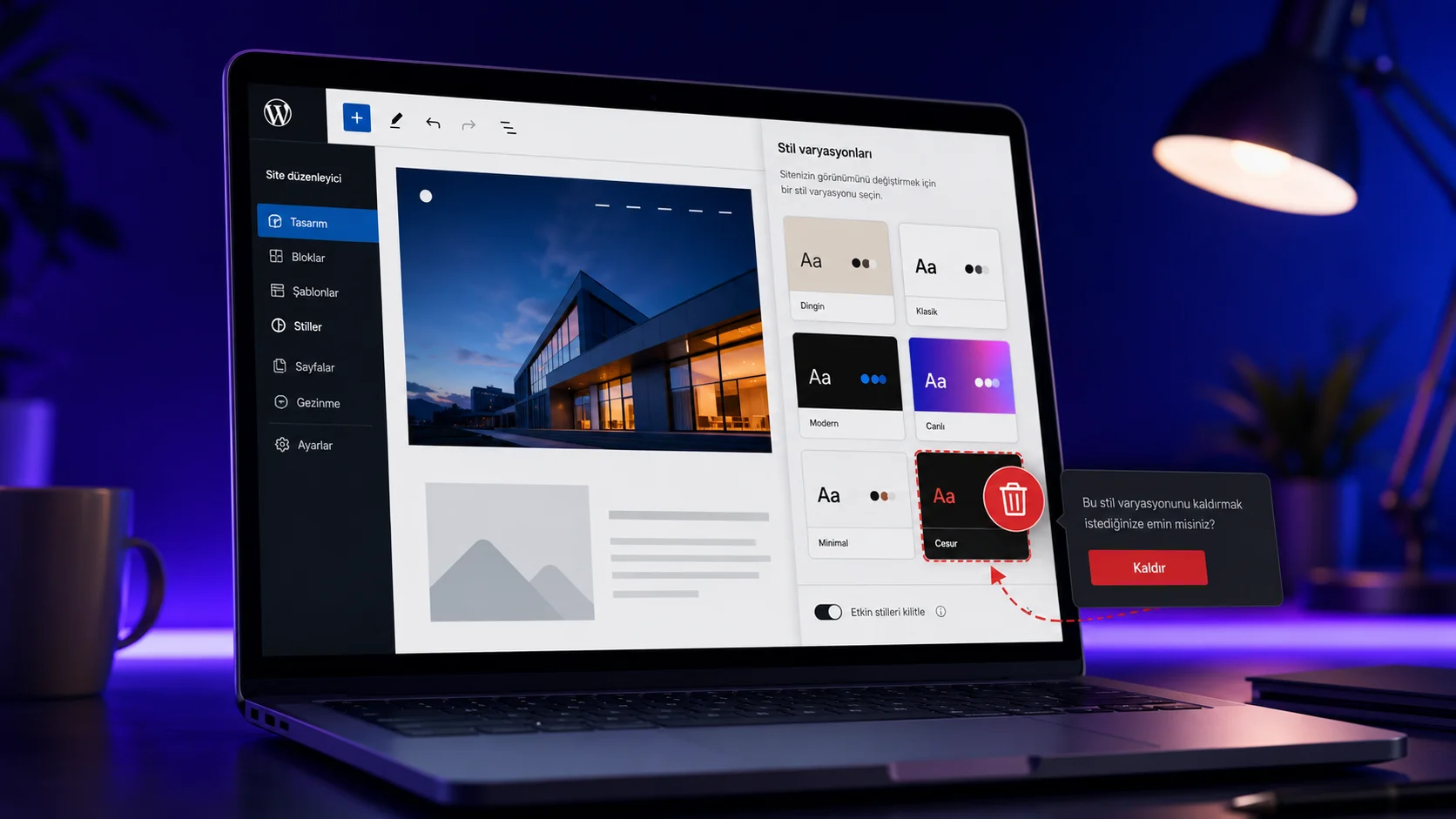 WordPress Blok Teması stil varyasyonunun düzenleyiciden kaldırıldığı modern çalışma ekranı