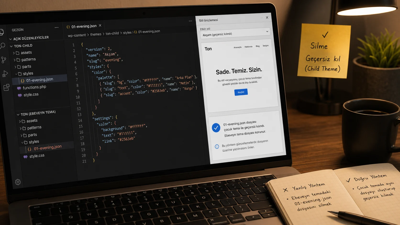 WordPress Blok Teması çocuk tema klasöründe JSON dosyasının geçersiz kılınması