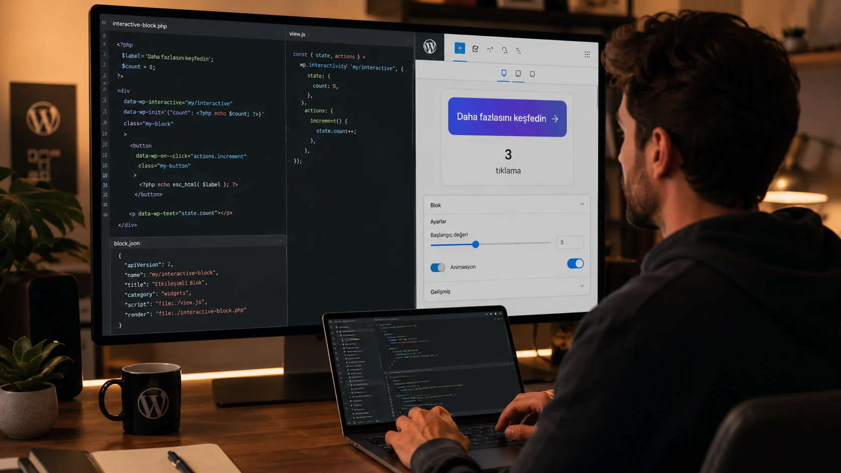 WordPress Etkileşim API’si geliştiren yazılımcı kod ve blok önizlemesini inceliyor.
