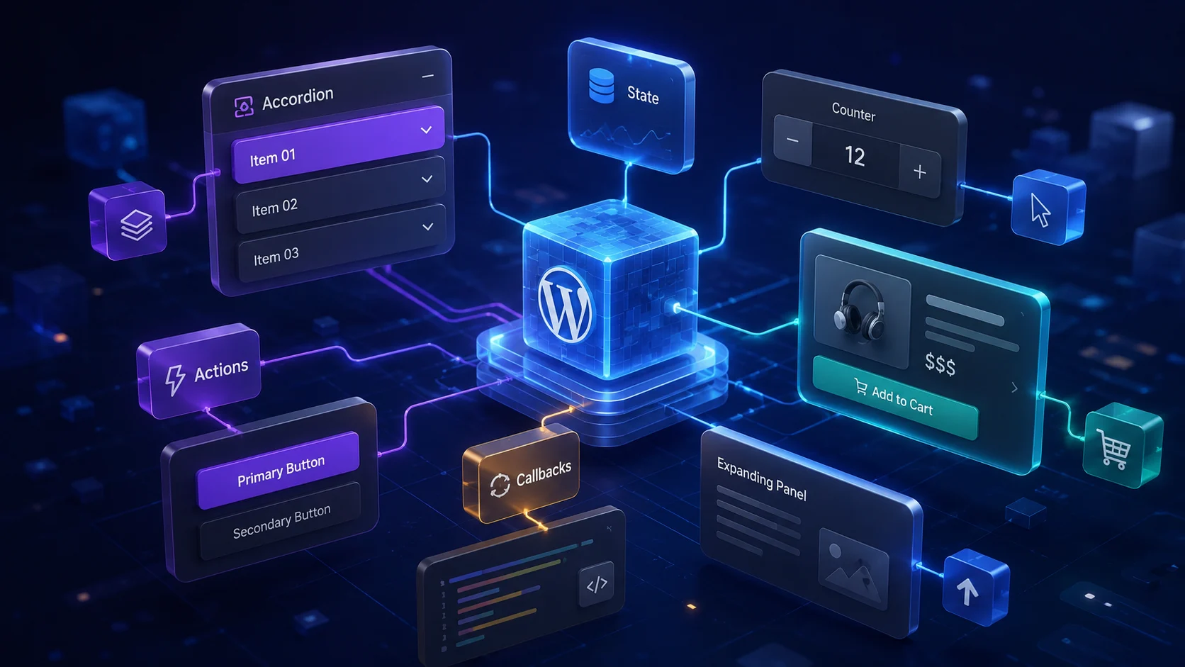WordPress Etkileşim API’si blokları bağlantılı durum ve eylem ağıyla gösteriliyor.