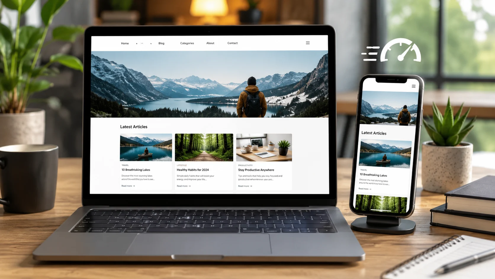WordPress Mobil görünümünü dizüstü bilgisayar ve telefonda karşılaştıran modern çalışma alanı.
