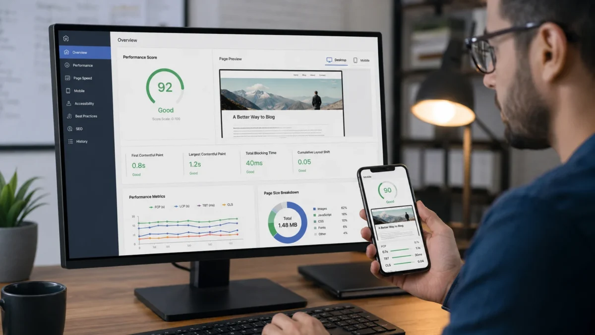 WordPress Mobil performans puanlarını bilgisayar ekranı ve telefonda inceleyen uzman.