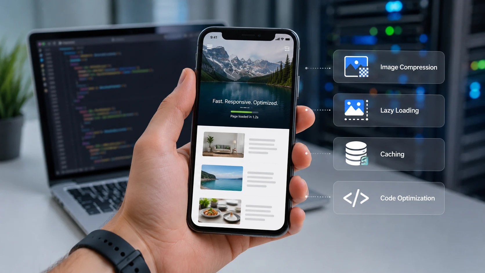 WordPress Mobil hızlandırmasını önbellek, görsel sıkıştırma ve kod simgeleriyle anlatan ekran.