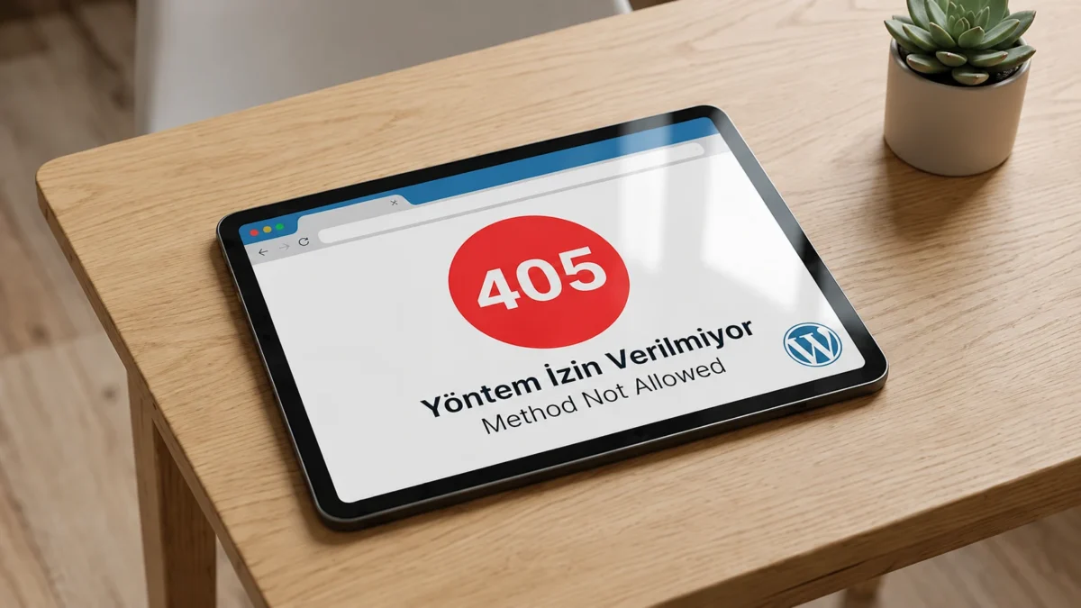 405 Yöntem İzin Verilmiyor hatasını gösteren tablet ve ahşap çalışma masası