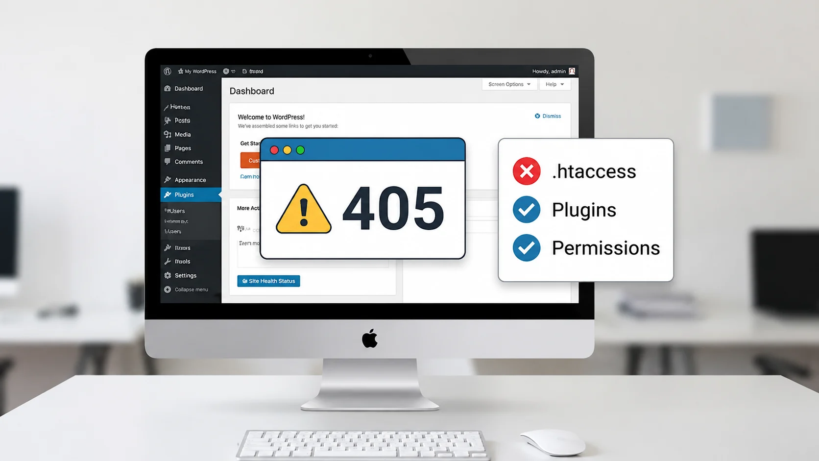 405 Yöntem İzin Verilmiyor uyarısını gösteren ayrıntılı WordPress yönetim ekranı