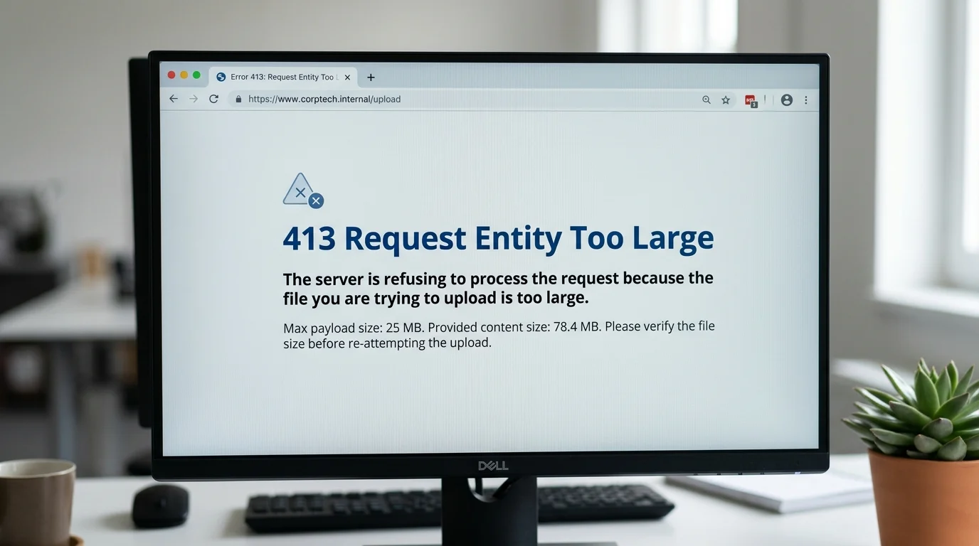 413 Request Entity Too Large Hatası nedeniyle WordPress dosya yükleme sınırını gösteren sunucu uyarısı