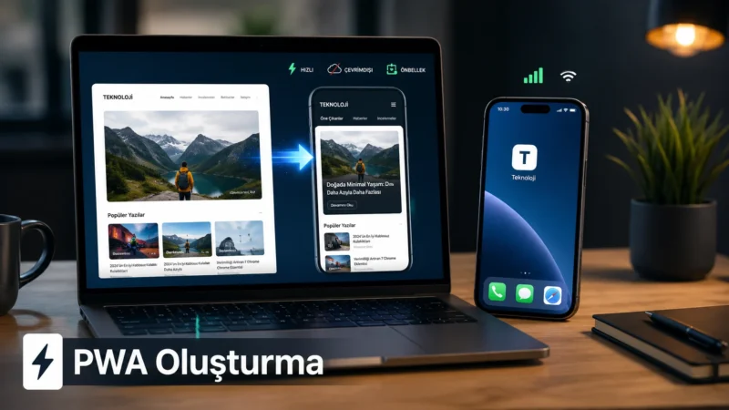 PWA Oluşturma sürecini gösteren dizüstü bilgisayar ve mobil uygulama ekranı